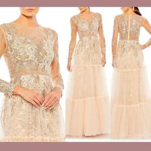 NWT‎ $798 Mac Duggal [ 4 ] Sheer Bodice Embroidered Long Sleeve Gown Champ S1097